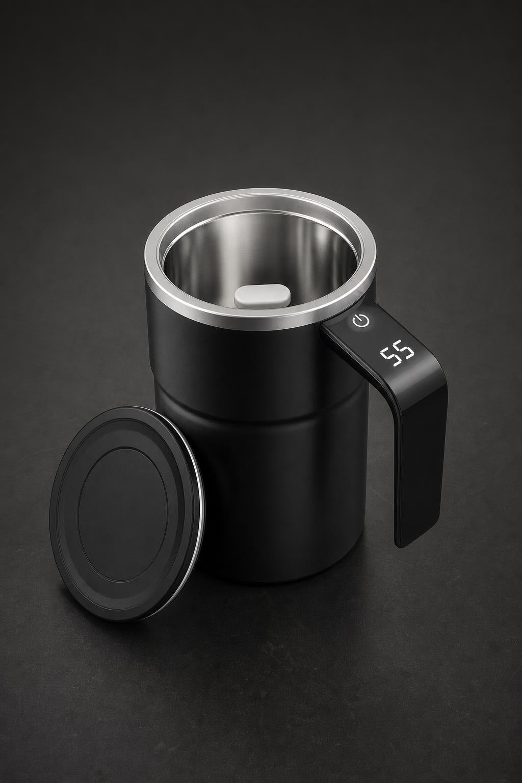 Taza mezcladora automática negra sobre fondo grafito